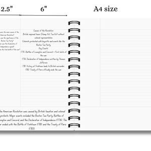 May include: A white notebook with black lines and a black spiral binding. The notebook is 8.5 inches by 6 inches and has text about the American Revolution. The text includes the causes of the revolution, key events, and the end of the war.