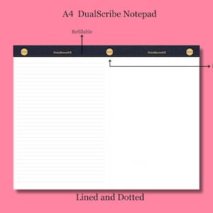 Può includere: Un blocco note A4 con pagine a righe e puntinate. Il blocco note è ricaricabile e ha una perforazione sul lato destro. Il blocco note è nero con accenti dorati.
