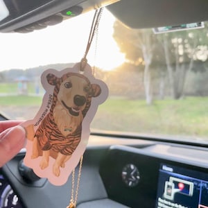 May include: A white car air freshener featuring a cartoon image of a dog wearing a tiger print outfit. The text "Dog's Workshop" is printed on the air freshener.