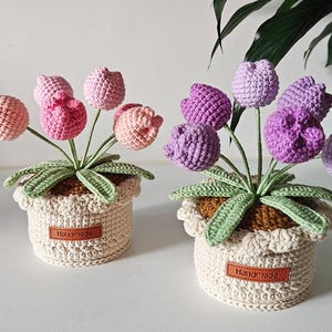 Crochet Flower in Pot,Crochet Tulip,Lily of the Valley,Home,Desk Decoration Plant,Pink,Purple Tulip,Birthday,Anniversary Gift,Gift for Mom