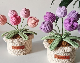 Crochet Flower in Pot,Crochet Tulip,Lily of the Valley,Home,Desk Decoration Plant,Pink,Purple Tulip,Birthday,Anniversary Gift,Gift for Mom