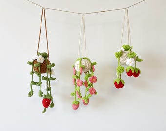 Crochet Plant Basket for Home Decor,Crochet Strawberry,Lavender,Pothos,Crochet Flower in Pot,Car Mirror Hanging,Wall Hanging,Birthday Gift