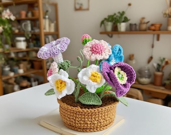 Personalized Crochet Birth Flower in Pot,Family Birth Month Flower Pot,Crochet Cosmos,Peony,Holly,Birthday,Anniversary Gift,Desk Decoration