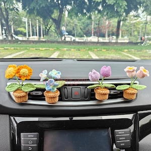 Crochet Mini Plant with Car Vent Clip,Crochet Flower in Pot,Tulip,Daisy,Lily of the Valley,Lavender,Cute Plant Car Decoration,Birthday Gift
