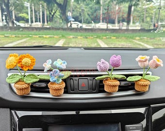 Crochet Mini Plant with Car Vent Clip,Crochet Flower in Pot,Tulip,Daisy,Lily of the Valley,Lavender,Cute Plant Car Decoration,Birthday Gift