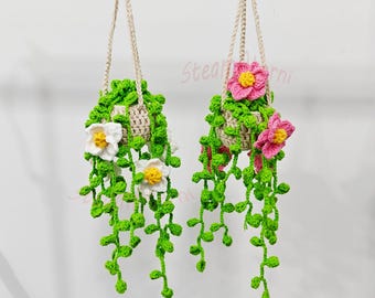 Finished Crochet Hanging Plant,Crochet Plant Car Mirror Hanging,Crochet Daffodils,Strawberry,Cherry Blossoms,Car Decoration,Gift for Her