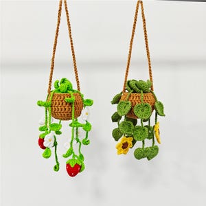 かぎ針編みのフラワーバスケット、植物ハンギング、イチゴ、ひまわり、桜、ラベンダー、ピンクの葉、ポトス、車のミラーハンギング、かぎ針編みの観葉植物
