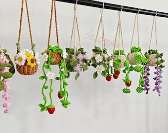 Handmade Crochet Plant Car Mirror Hanger,Cute Crochet Plant Basket,Strawberry,Cherry Blosom,Sunflower,Wall Hanging for Room Decor