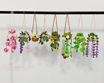 Handmade Crochet Plant Hanger,Funny Car Accessories,Crochet Wall Hanging for Home Office Decor,Cute Cherry Blossom,Sunflower,Vine Basket