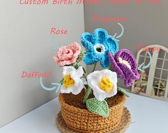 Custom Birth Month Flower Pot,Crochet Family Birth Flower in Pot,Crochet Daisy,Rose,Peony,Cosmos,Birthday,Mother's Day Gift,Home Decoration