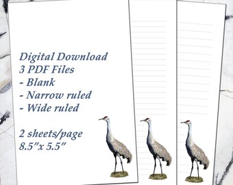 Printable Sandhill Crane Bird Stationery - Download and Print Letter Writing Note Paper - 3 PDF Files - Blank, Narrow Ruled, Wide Ruled