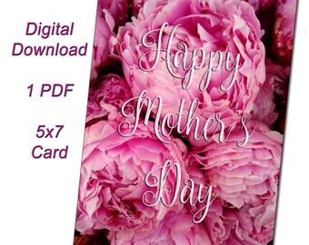 Printable 5x7 Pink Peonies Flower Photo Mother's Day Card Stationery for Mom - Digital Download Print Your Own Flower Cards for Her