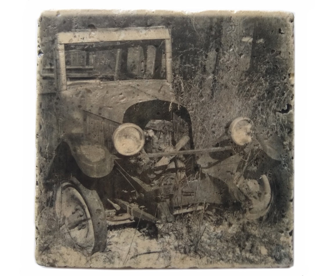 Rustic 1920's Ford Photo Stone Kitchen Trivet Black and | Etsy