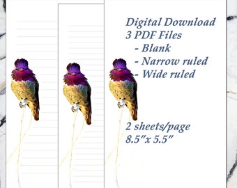 Printable Anna's Hummingbird Photo Stationery - Download and Print Letter Writing Note Paper - 3 PDF Files - Blank, Narrow Ruled, Wide Ruled