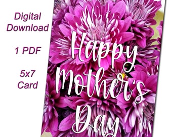 Printable 5x7 Purple Mums Flower Photo Mother's Day Card Stationery for Mom - Digital Download Print Your Own Flower Cards for Her