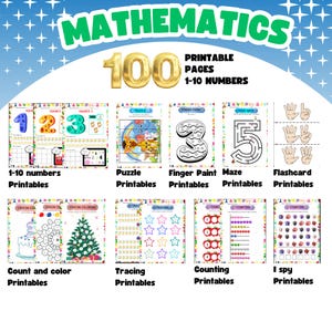 May include: A colorful set of 100 printable math worksheets for kids. The worksheets feature different activities like counting, tracing, puzzles, mazes, and flashcards. The worksheets are designed to help children learn numbers 1-10.