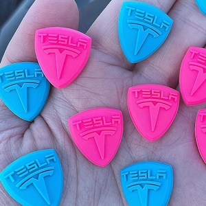 May include: A collection of neon pink and blue Tesla logo emblems. The emblems are shield-shaped with the Tesla logo in the center. The emblems are held in a hand.