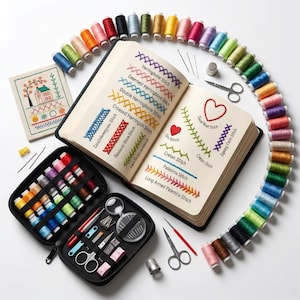 May include: An open notebook displays various embroidery stitches with colorful thread examples. A black sewing kit, spools of thread, scissors, needles, and a thimble are arranged around the notebook, showcasing a crafting theme.