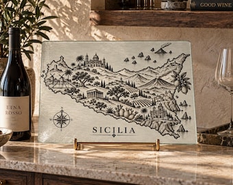 Tabla de cortar de cristal con mapa de Sicilia, ilustración vintage de la isla italiana.