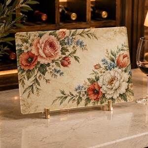 Vintage Floral Glass Cutting Board, Rectangular Charcuterie Board, French Country Kitchen Decor, Housewarming Gift, Cheese Serving Platter