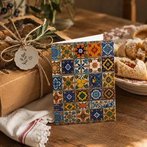 Mediterranean Tile Greeting Card, Colorful Italian Ceramic Pattern, Blank Note Card