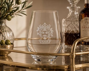 Testa di Moro Uomo Engraved Stemless Wine Glass, Sicilian Heritage Gift