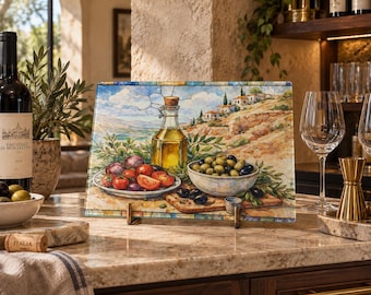 Tabla de cortar de vidrio para aceite de oliva mediterráneo, diseño de tomate y aceituna