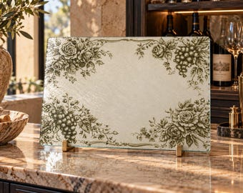 Tabla de cortar de cristal con diseño de rosas y uvas vintage