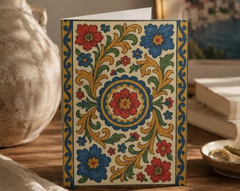 Mediterranean Floral Greeting Card, Italian Tile Folk Art, Blank Inside