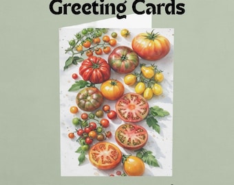 Tarjetas de felicitación con tomates reliquia (en blanco), juego de tarjetas con arte botánico, papelería con motivos de jardín, papelería con tomates, tarjetas para cualquier ocasión.