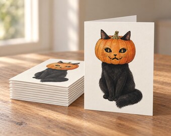 Set di 10, 30 o 50 biglietti d'auguri di Halloween con gatto nero e testa di zucca.