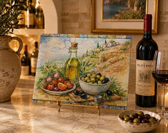 Tuscan Glass Cutting Board, Italian Kitchen Decor, Olive Oil Charcuterie Board, Mediterranean Serving Platter, Housewarming Gift