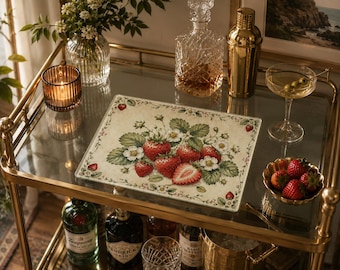 Botanical Strawberry Glass Cutting Board, Rectangular Charcuterie Board, Cottagecore Farmhouse Kitchen Decor, Housewarming Hostess Gift