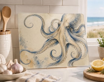 Octopus Glass Cutting Board, Coastal Kitchen Decor, Nautical Charcuterie Board, Beach House Decor, Ocean Serving Board, Hostess Gift