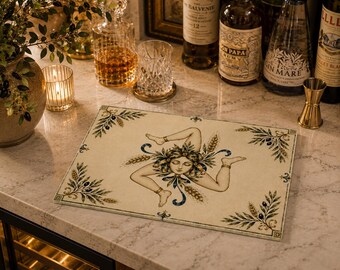 Sicilian Trinacria Glass Cutting Board, Mediterranean Kitchen Decor, Italian Serving Board