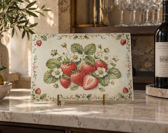 Tabla de cortar de vidrio con diseño botánico de fresas e ilustración frutal vintage.