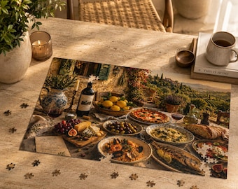 Tuscan Countryside Feast Jigsaw Puzzle, Mediterranean Food and Wine, Italian Vineyard Scene
