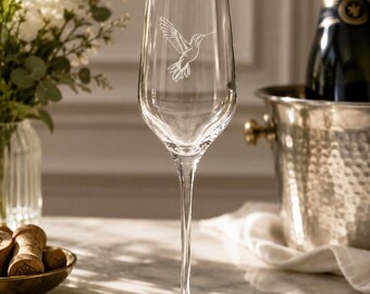 Engraved Hummingbird Champagne Flute, Hummingbird Lover Gift, Bird Lover Glassware