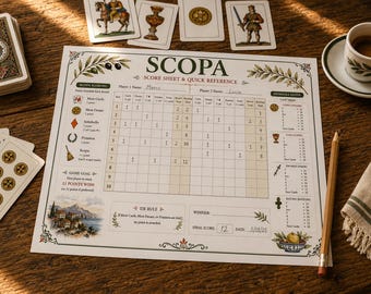 Paquete imprimible de Scopa, hoja de puntuación, guía de juego, reglas, referencia rápida, juego de cartas italiano en PDF, descarga instantánea.