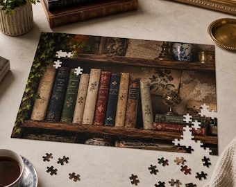 Vintage Library Jigsaw Puzzle, Antique Bookshelf Puzzle, Book Lover Gift, Old World Library Decor