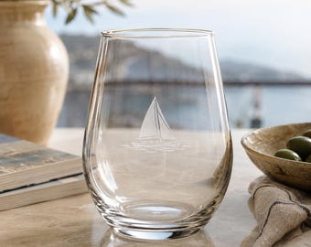 Sailboat Engraved Stemless Wine Glass, Coastal Barware, Nautical Gift
