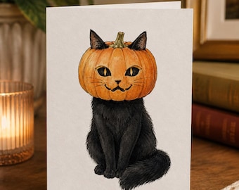 Juego de tarjetas de felicitación de Halloween con gato negro e ilustración de gato calabaza.