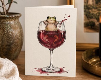 Funny Frog Wine Greeting Card, Funny Wine Card, Wine Lover Gift, Blank Greeting Card, Watercolor Illustration