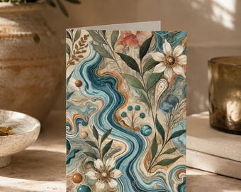Blue Marbled Botanical Greeting Card, Blank Inside, Abstract Floral Art
