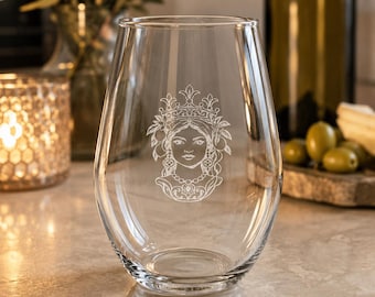 Sicilian Testa di Moro Donna Engraved Stemless Wine Glass, Sicilian Heritage Gift, Italian Barware