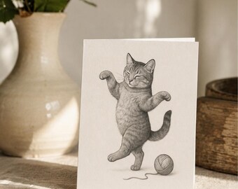 Dancing Kitten Blank Greeting Card: Graphite Cat Illustration with Ball of Yarn
