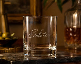 Vaso de whisky grabado con la inscripción "Salute", brindis italiano, artículos de bar italianos.