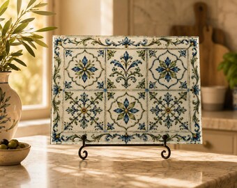Mediterranean Tile Glass Cutting Board, Blue Green Floral Charcuterie Board, Spanish Kitchen Decor, Housewarming Gift