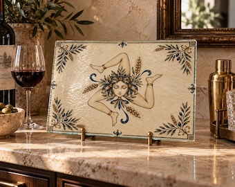 Tagliere in vetro temperato Trinacria Siciliana, design ispirato alle piastrelle mediterranee.