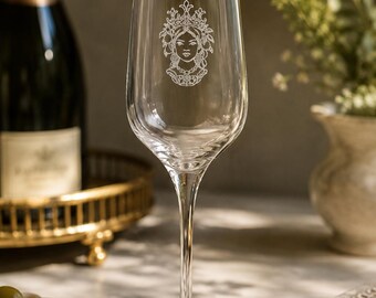 Testa di Moro Donna Engraved Champagne Flute, Sicilian Glassware, Italian Decor Gift